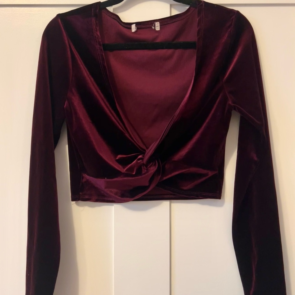 Burgundy velvet cropped long sleeve wrap holiday blouse